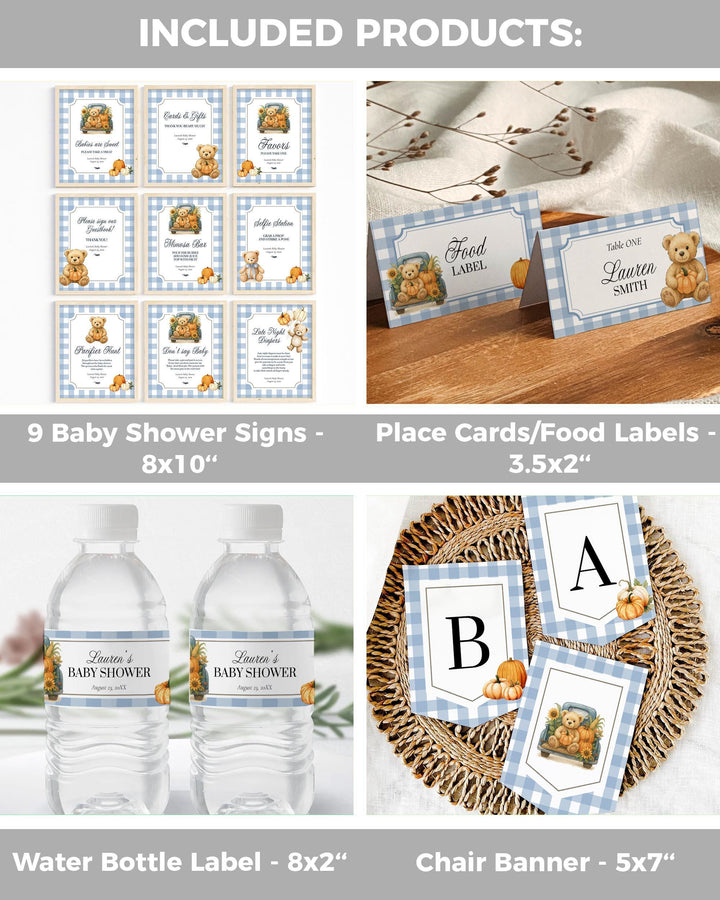 Fall Pumpkin Bear on Truck Baby Shower Invitation and Decor Bundle for Boys Thanksgiving Baby Party Template Bundle #068pu - TheLovebirdsDesign