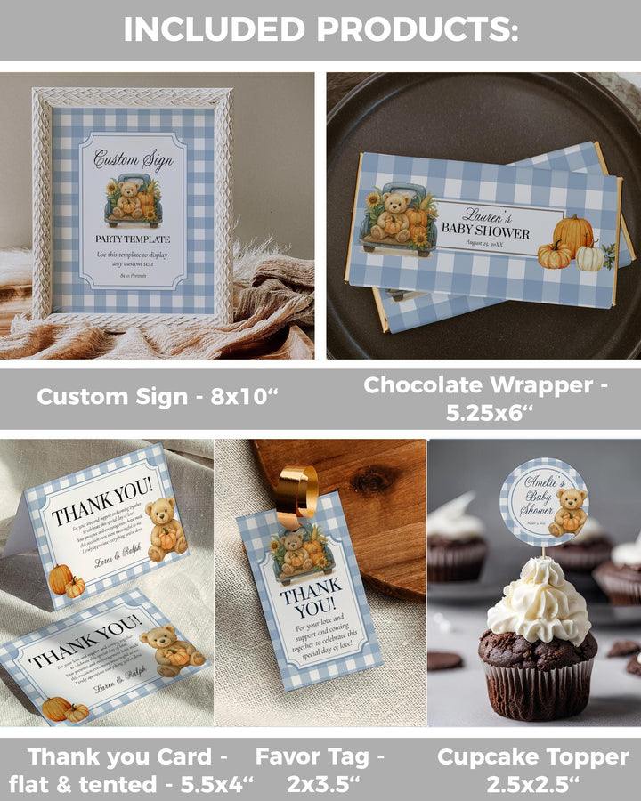 Fall Pumpkin Bear on Truck Baby Shower Invitation and Decor Bundle for Boys Thanksgiving Baby Party Template Bundle #068pu - TheLovebirdsDesign