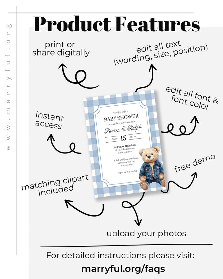 Blue Jeans Teddy Bear Baby Shower Template Bundle for Boys Printable Vintage Polo Teddy Bear Invitation Suite #068je - TheLovebirdsDesign