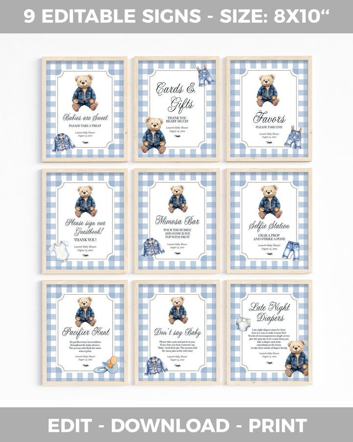 Blue Jeans Teddy Bear Baby Shower Template Bundle for Boys Printable Vintage Polo Teddy Bear Invitation Suite #068je - TheLovebirdsDesign