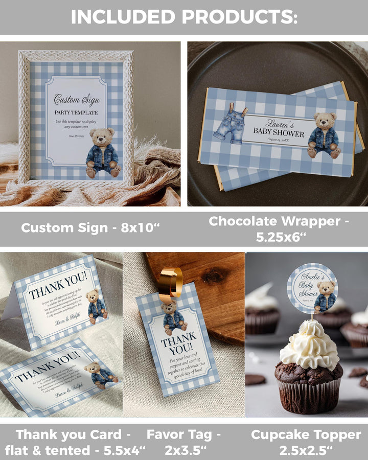 Blue Jeans Teddy Bear Baby Shower Template Bundle for Boys Printable Vintage Polo Teddy Bear Invitation Suite #068je - TheLovebirdsDesign