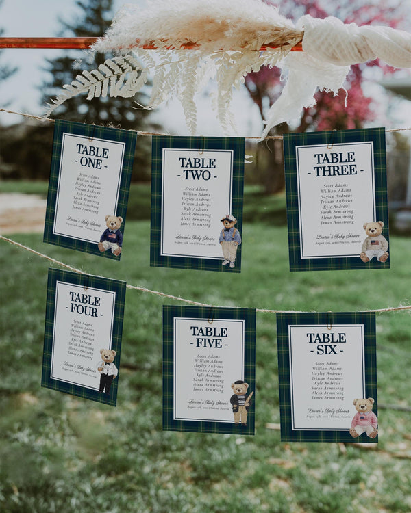 Polo Teddy Seating Chart Cards for Vintage Classic Luxury Baby Shower Table Number Templates Elegant Baby Shower Decoration for Boys #068 - TheLovebirdsDesign