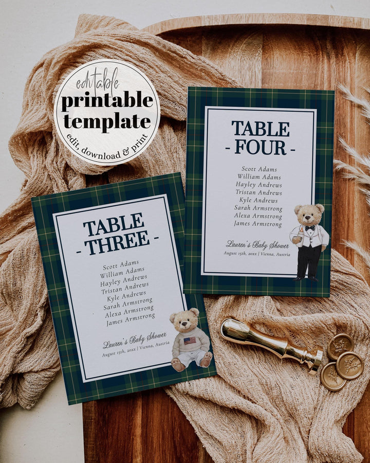 Polo Teddy Seating Chart Cards for Vintage Classic Luxury Baby Shower Table Number Templates Elegant Baby Shower Decoration for Boys #068 - TheLovebirdsDesign