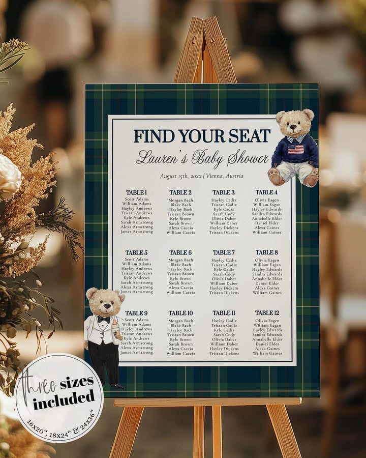 Polo Teddy Baby Shower Seating Chart Template Find Your Seat Teddy Bear Baby Sprinkle Decoration Sign Boys Vintage Classic Luxury Style #068 - TheLovebirdsDesign