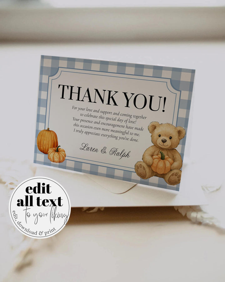 Fall Pumpkin Bear on Truck Thank you Card Template for Boys Blue Thanksgiving Baby Shower or First Birthday Thank You Note #068pu - TheLovebirdsDesign