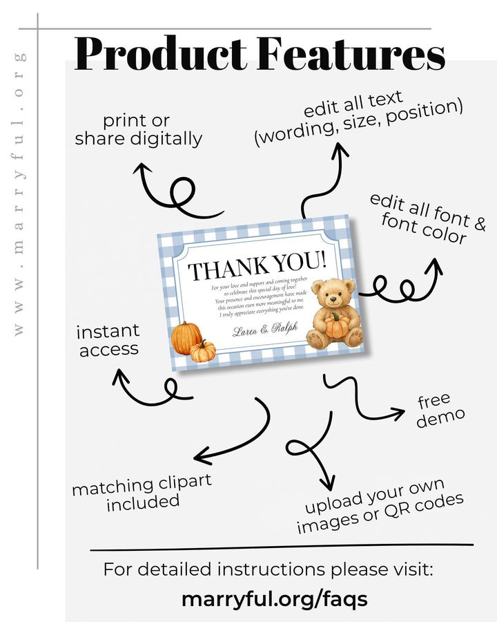 Fall Pumpkin Bear on Truck Thank you Card Template for Boys Blue Thanksgiving Baby Shower or First Birthday Thank You Note #068pu - TheLovebirdsDesign