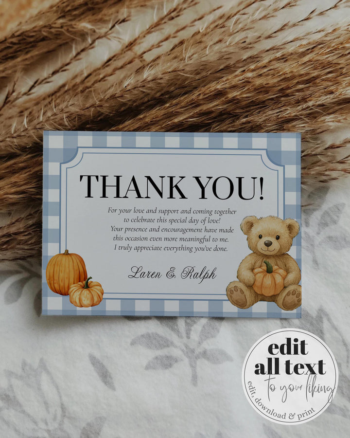 Fall Pumpkin Bear on Truck Thank you Card Template for Boys Blue Thanksgiving Baby Shower or First Birthday Thank You Note #068pu - TheLovebirdsDesign
