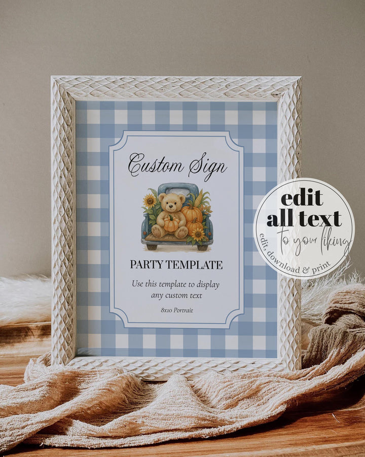 Fall Pumpkin Bear on Truck Custom Sign Template for Boys Blue Thanksgiving Baby Shower or First Birthday Custom Decor Signage #068pu - TheLovebirdsDesign