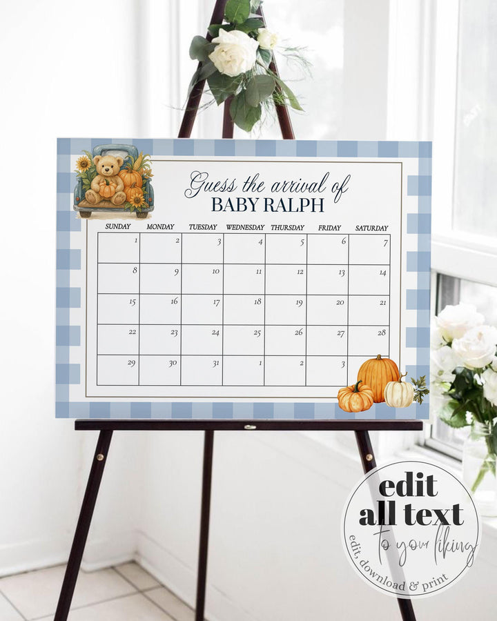 Fall Pumpkin Bear on Truck Due Date Sign Template for Boys Blue Thanksgiving Baby Shower Guess Baby Arrival Game Sign #068pu - TheLovebirdsDesign