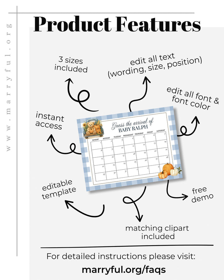 Fall Pumpkin Bear on Truck Due Date Sign Template for Boys Blue Thanksgiving Baby Shower Guess Baby Arrival Game Sign #068pu - TheLovebirdsDesign