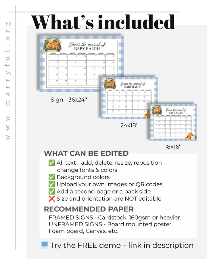 Fall Pumpkin Bear on Truck Due Date Sign Template for Boys Blue Thanksgiving Baby Shower Guess Baby Arrival Game Sign #068pu - TheLovebirdsDesign