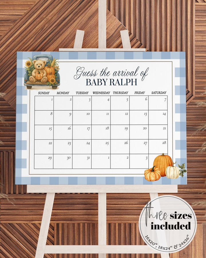 Fall Pumpkin Bear on Truck Due Date Sign Template for Boys Blue Thanksgiving Baby Shower Guess Baby Arrival Game Sign #068pu - TheLovebirdsDesign