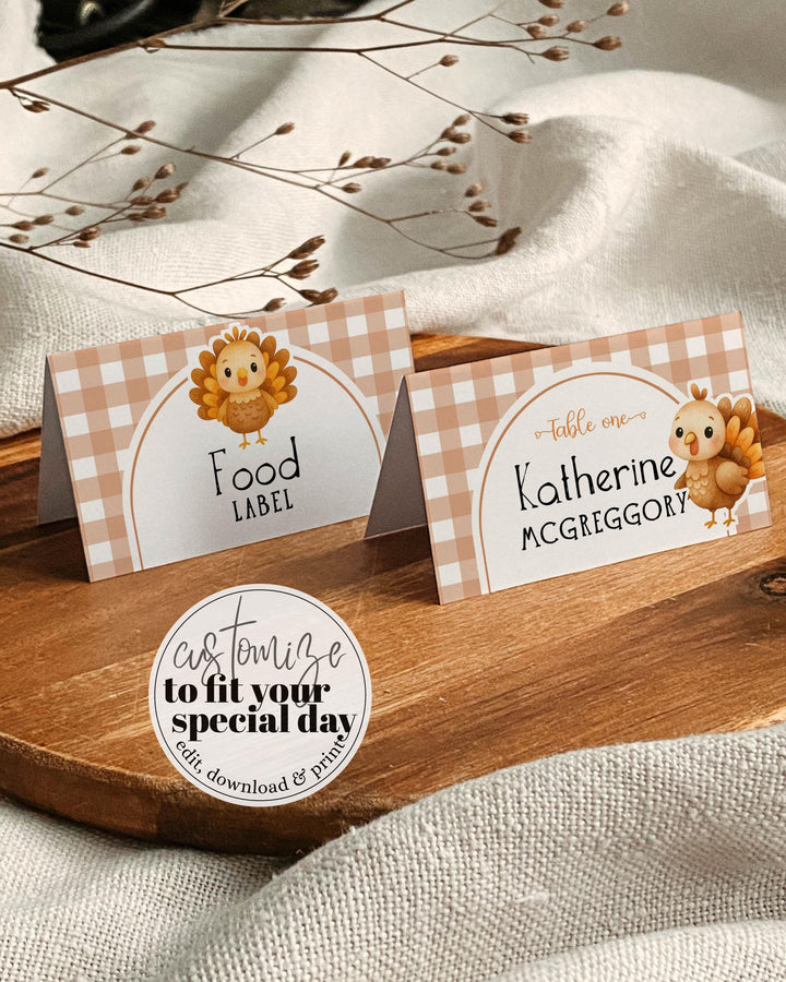 Our Little Turkey is Turning One Place Card or Food Label for Thanksgiving Dinner, Editable Fall First Birthday Party Decor Template #068 - TheLovebirdsDesign