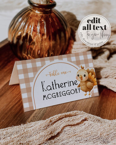 Our Little Turkey is Turning One Place Card or Food Label for Thanksgiving Dinner, Editable Fall First Birthday Party Decor Template #068 - TheLovebirdsDesign