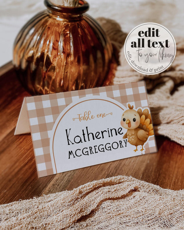 Our Little Turkey is Turning One Place Card or Food Label for Thanksgiving Dinner, Editable Fall First Birthday Party Decor Template #068 - TheLovebirdsDesign