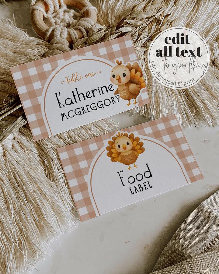 Our Little Turkey is Turning One Place Card or Food Label for Thanksgiving Dinner, Editable Fall First Birthday Party Decor Template #068 - TheLovebirdsDesign