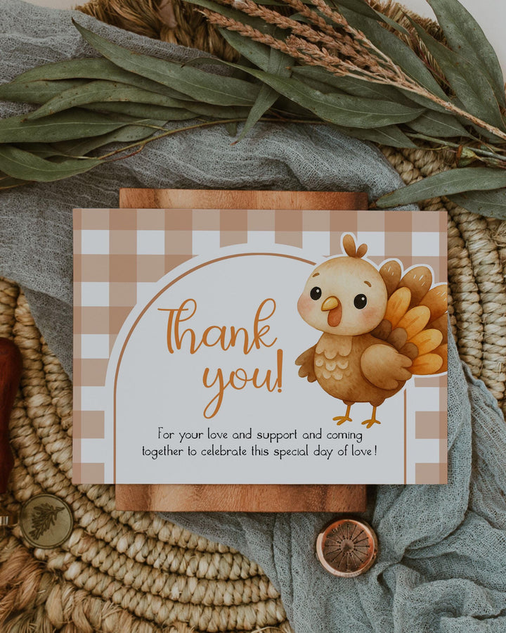 Thanksgiving Turkey Thank you Card Our Little Turkey is Turning One Thank you Note for First Birthday Editable Fall Autumn Template #068 - TheLovebirdsDesign