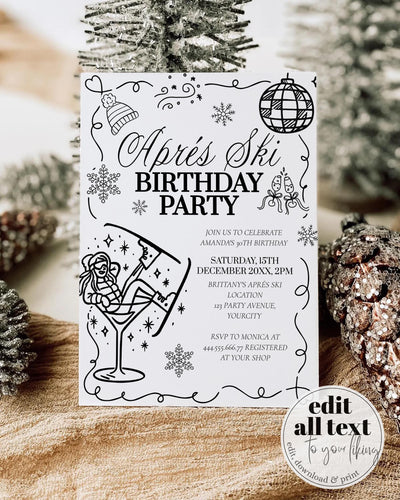 Apres Ski Birthday Invitation Template for Winter Cocktail Ski Party Handwritten Adult Birthday Invite in Mountain Disco #070 - TheLovebirdsDesign