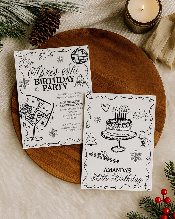 Apres Ski Birthday Invitation Template for Winter Cocktail Ski Party Handwritten Adult Birthday Invite in Mountain Disco #070 - TheLovebirdsDesign