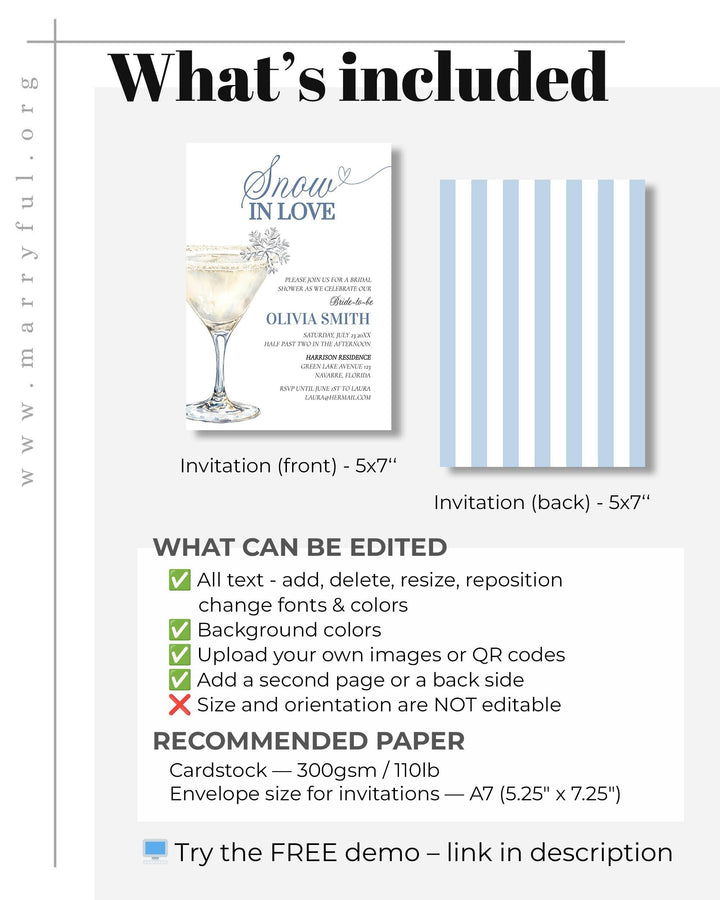 Snow in Love Bridal Shower Invitation Template with Snowflake Martini for a Winter Bridal Shower in December before Christmas #072 - TheLovebirdsDesign