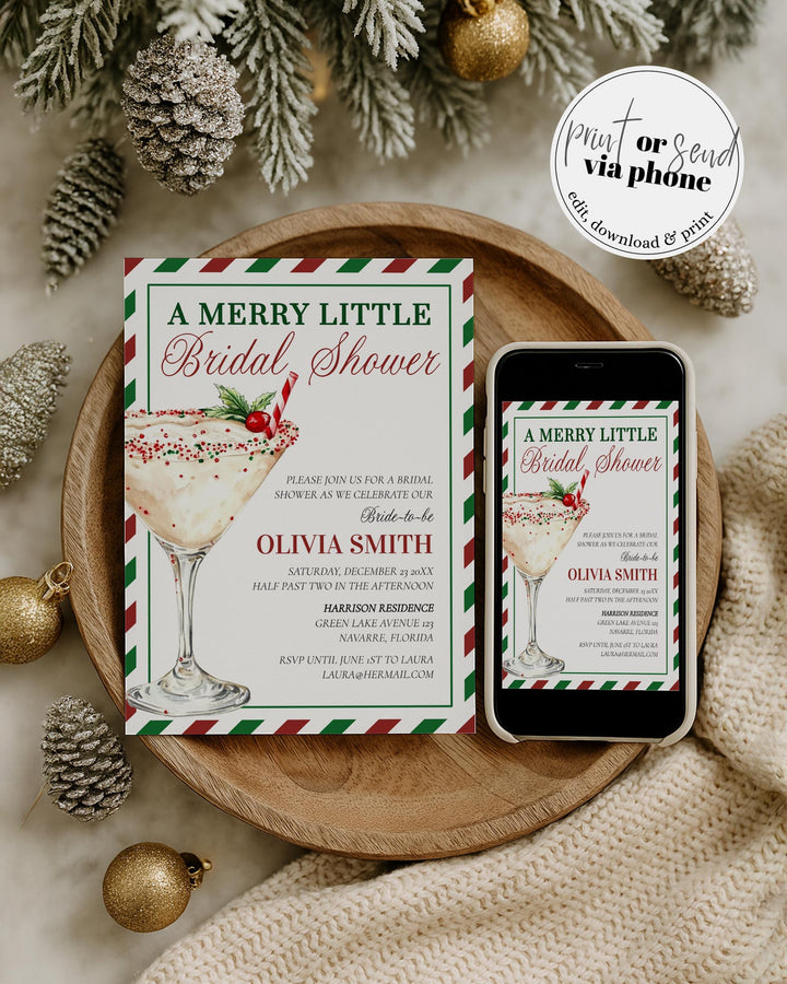 Merry Little Bridal Shower Invitation Red and Green Cocktail Invite Template for Christmas Bridal Shower in December #072 - TheLovebirdsDesign