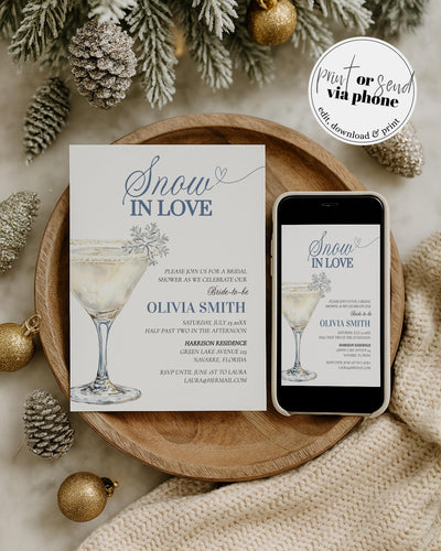 Snow in Love Bridal Shower Invitation Template with Snowflake Martini for a Winter Bridal Shower in December before Christmas #072 - TheLovebirdsDesign