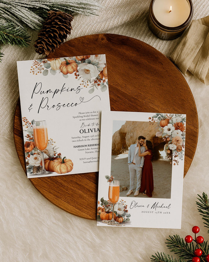Pumpkins and Prosecco Bridal Shower Invitation Template for a Floral Fall in Love Bridal Brunch #072 - TheLovebirdsDesign