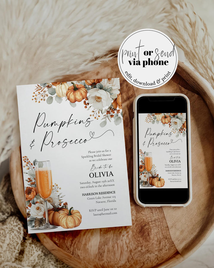 Pumpkins and Prosecco Bridal Shower Invitation Template for a Floral Fall in Love Bridal Brunch #072 - TheLovebirdsDesign