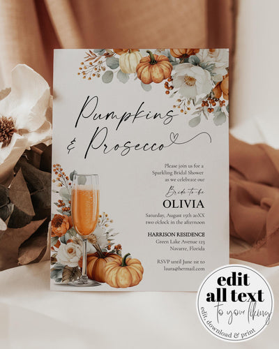 Pumpkins and Prosecco Bridal Shower Invitation Template for a Floral Fall in Love Bridal Brunch #072 - TheLovebirdsDesign
