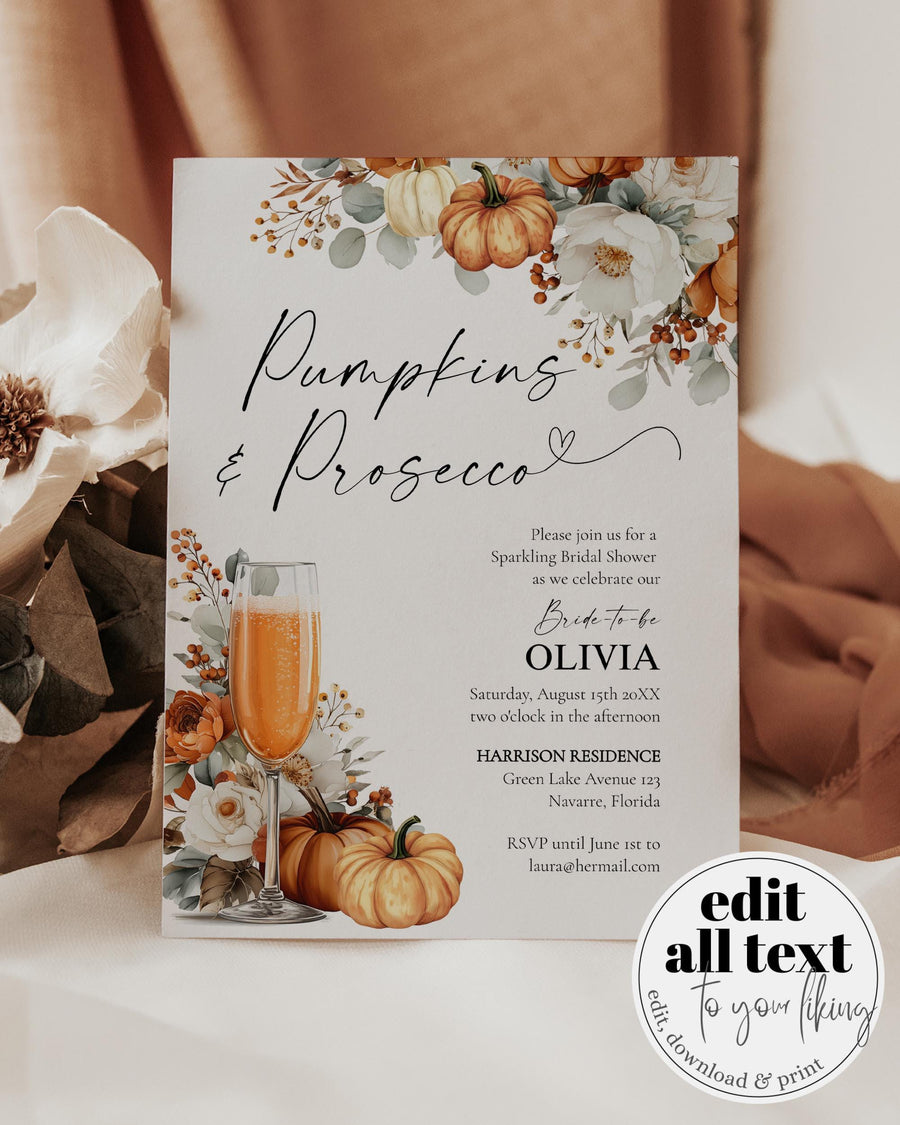 Pumpkins and Prosecco Bridal Shower Invitation, Fall Floral Bridal Brunch, Editable Template 077FA-BRSINV - marryful.org