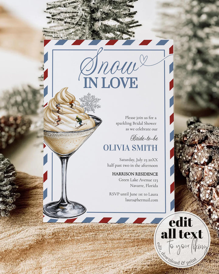 Snow in Love Bridal Shower Invitation Template with Aprés Ski Martini for a Winter Bridal Shower in December before Christmas #072 - TheLovebirdsDesign