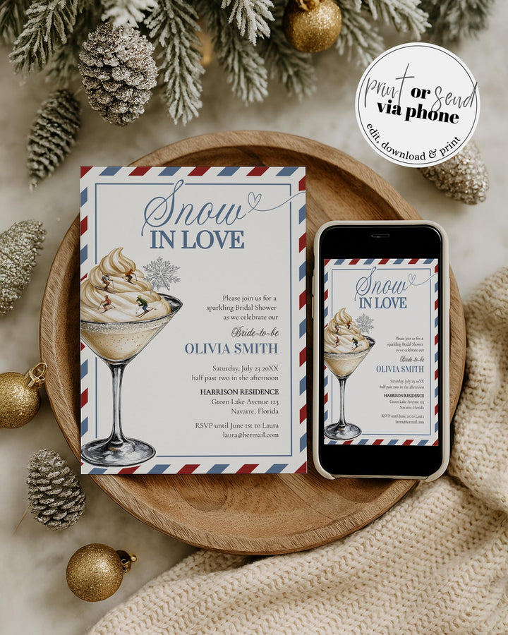 Snow in Love Bridal Shower Invitation Template with Aprés Ski Martini for a Winter Bridal Shower in December before Christmas #072 - TheLovebirdsDesign