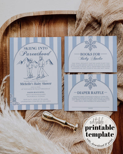 Skiing into Parenthood Apres Ski Baby Shower Invitation Template Snow in Love Baby Sprinkle for December Baby Ski Themed Party #072 - TheLovebirdsDesign