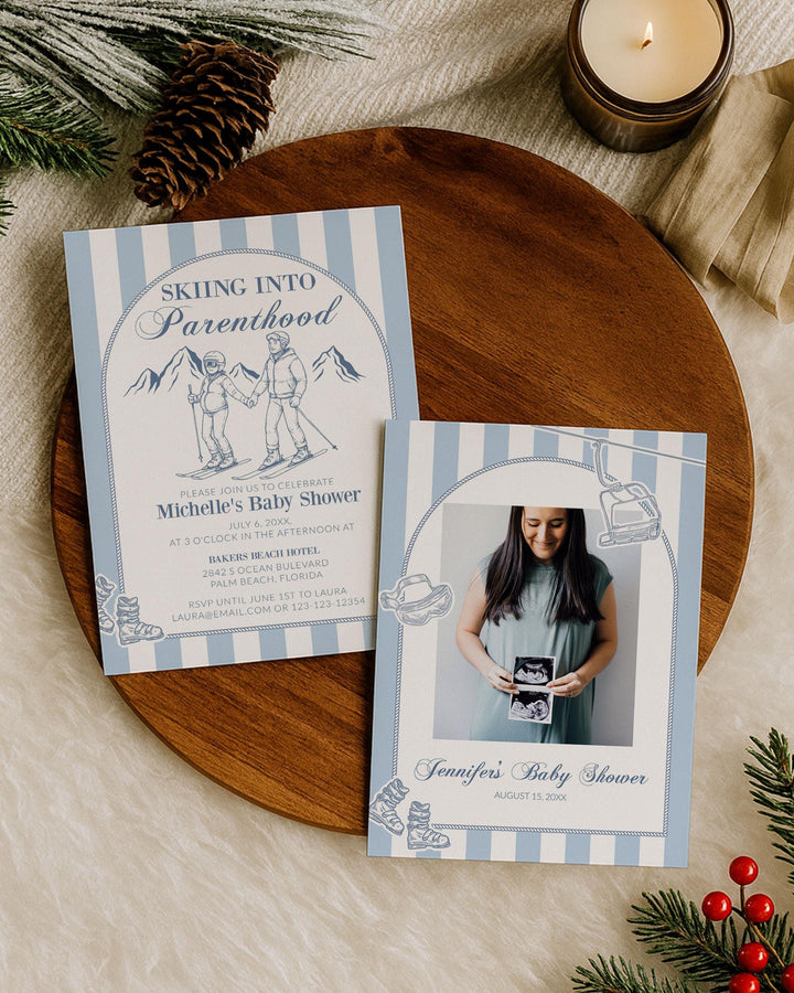 Skiing into Parenthood Apres Ski Baby Shower Invitation Template Snow in Love Baby Sprinkle for December Baby Ski Themed Party #072 - TheLovebirdsDesign