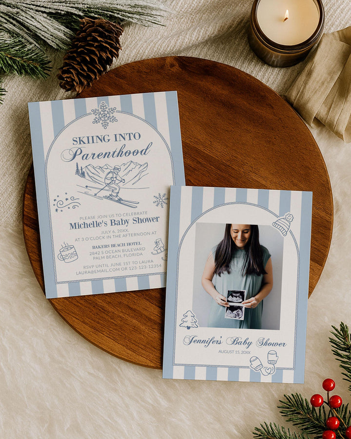 Skiing into Parenthood Apres Ski Baby Shower Invitation Suite Snowflake and Mountain Ski Party Winter Baby Sprinkle Invite Template #072 - TheLovebirdsDesign