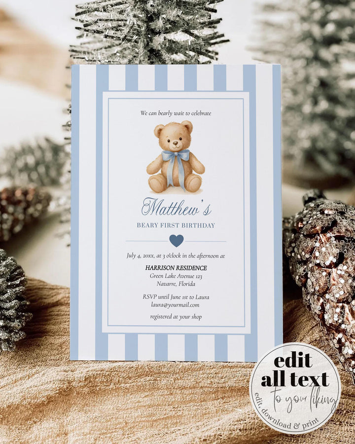 Blue Beary First Birthday Invitation Template for Boys Teddy Bear Themed 1st Birthday Invite with Bow Vintage Classic Luxurious Party #068 - TheLovebirdsDesign