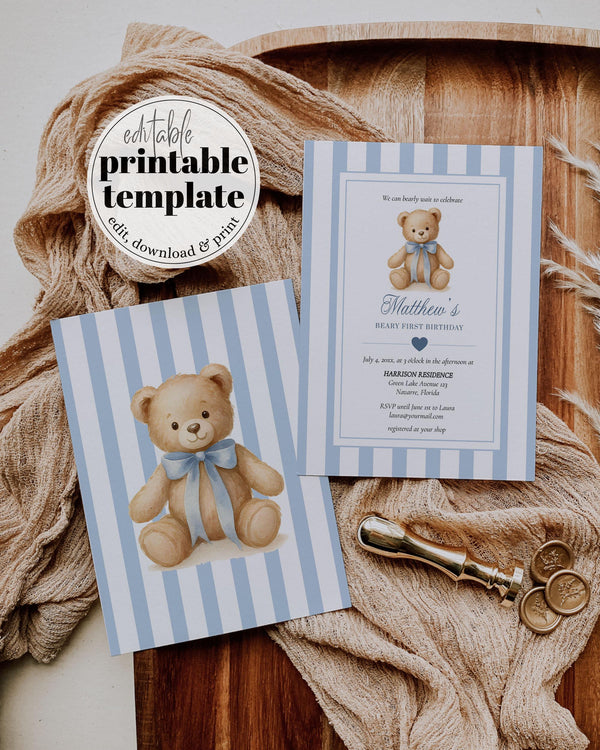 Blue Beary First Birthday Invitation Template for Boys Teddy Bear Themed 1st Birthday Invite with Bow Vintage Classic Luxurious Party #068 - TheLovebirdsDesign