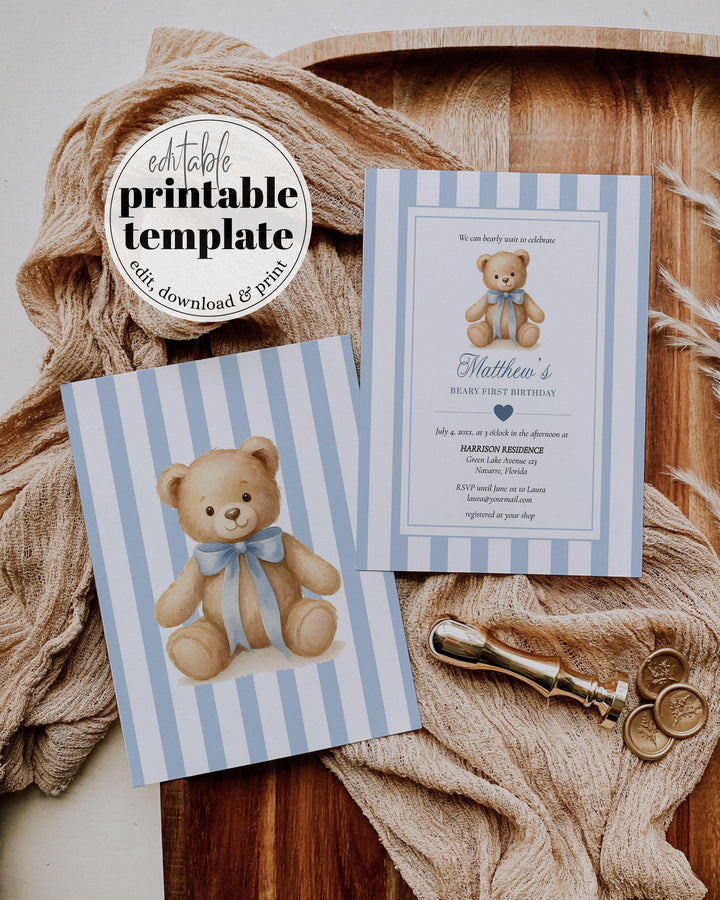 Blue Beary First Birthday Invitation Template for Boys Teddy Bear Themed 1st Birthday Invite with Bow Vintage Classic Luxurious Party #068 - TheLovebirdsDesign