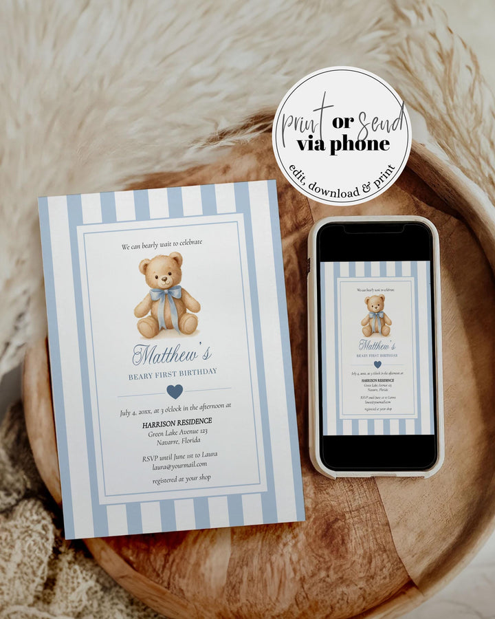 Blue Beary First Birthday Invitation Template for Boys Teddy Bear Themed 1st Birthday Invite with Bow Vintage Classic Luxurious Party #068 - TheLovebirdsDesign