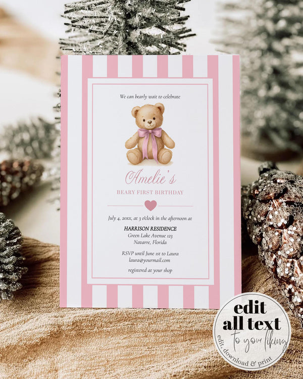 Pink Beary First Birthday Invitation Template for Girls Teddy Bear Themed 1st Birthday Invite with Bow Vintage Classic Luxurious Party #068 - TheLovebirdsDesign