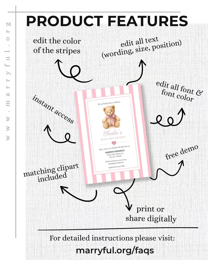 Pink Beary First Birthday Invitation Template for Girls Teddy Bear Themed 1st Birthday Invite with Bow Vintage Classic Luxurious Party #068 - TheLovebirdsDesign