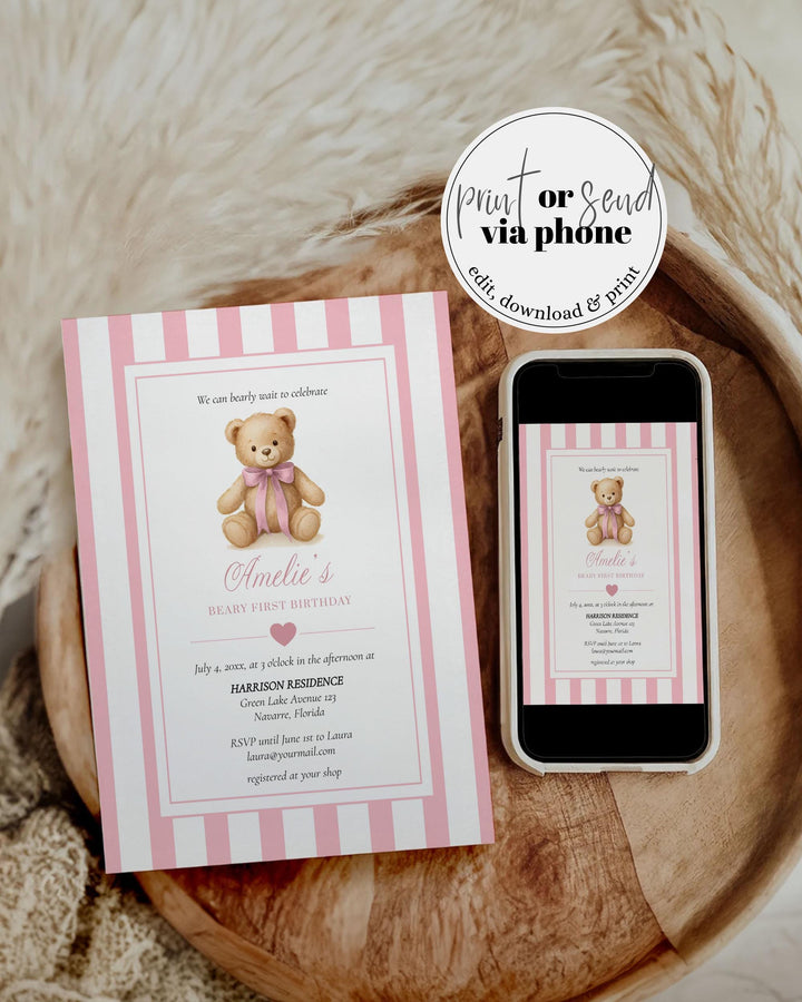Pink Beary First Birthday Invitation Template for Girls Teddy Bear Themed 1st Birthday Invite with Bow Vintage Classic Luxurious Party #068 - TheLovebirdsDesign