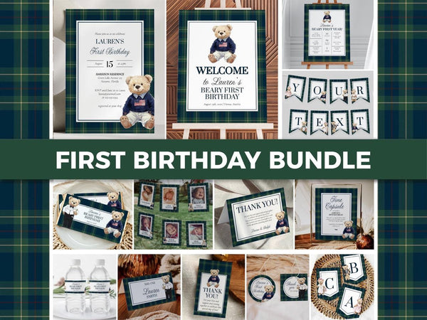 Beary First Birthday Vintage Polo Teddy Bear Birthday Bundle for Boy RL 1st Birthday Suite Invitation Signs and Decor Editable Template #068 - TheLovebirdsDesign