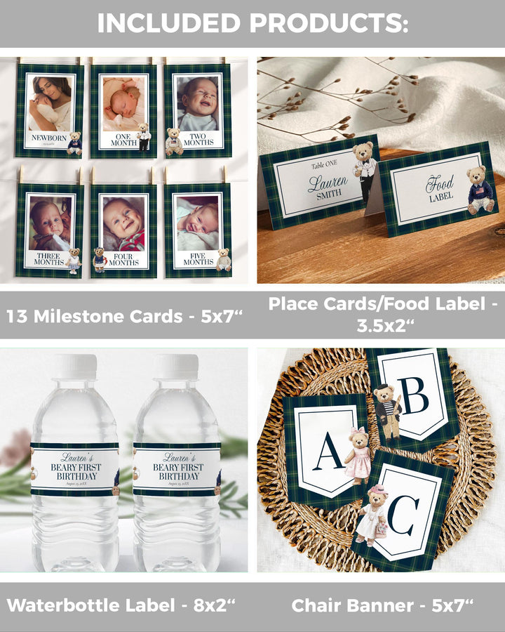 Beary First Birthday Vintage Polo Teddy Bear Birthday Bundle for Boy RL 1st Birthday Suite Invitation Signs and Decor Editable Template #068 - TheLovebirdsDesign