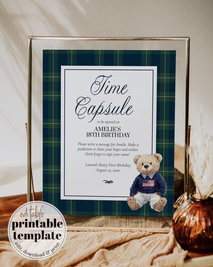 Beary First Birthday Time Capsule Template with Vintage Classic Teddy Bear Theme for Boy Fun 1st Birthday Guest Game in Navi Blue Green #068 - TheLovebirdsDesign
