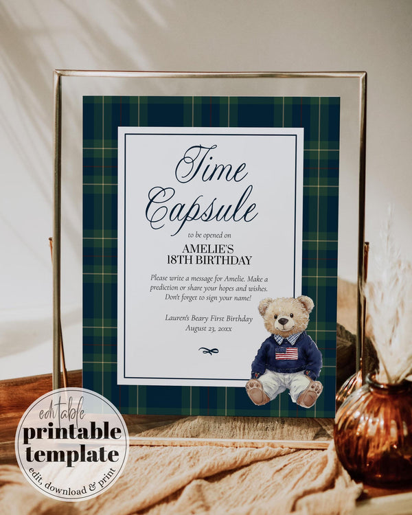 Beary First Birthday Time Capsule Template with Vintage Classic Teddy Bear Theme for Boy Fun 1st Birthday Guest Game in Navi Blue Green #068 - TheLovebirdsDesign