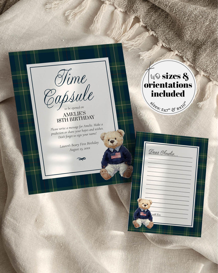 Beary First Birthday Time Capsule Template with Vintage Classic Teddy Bear Theme for Boy Fun 1st Birthday Guest Game in Navi Blue Green #068 - TheLovebirdsDesign