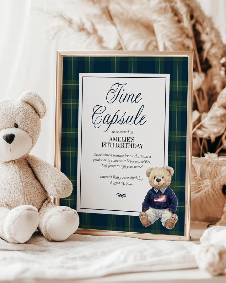 Beary First Birthday Time Capsule Template with Vintage Classic Teddy Bear Theme for Boy Fun 1st Birthday Guest Game in Navi Blue Green #068 - TheLovebirdsDesign
