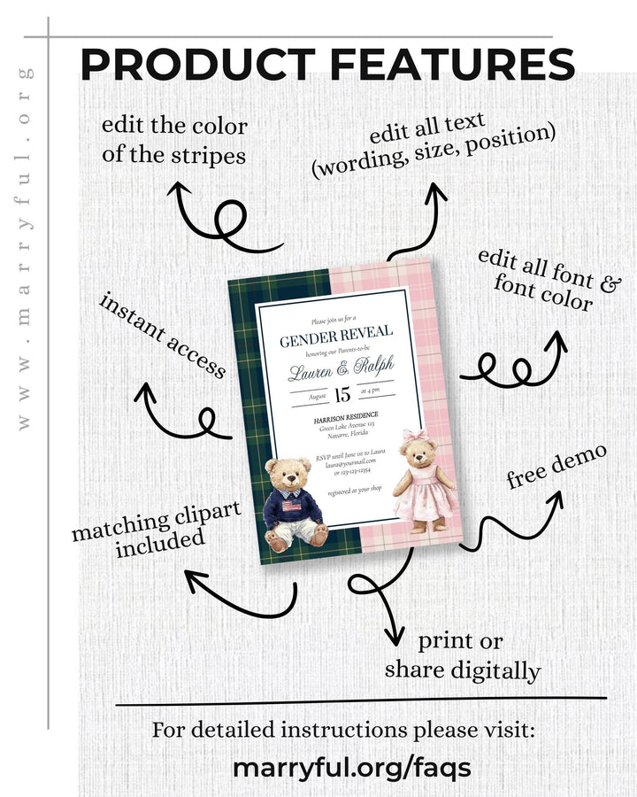 Teddy Bear Gender Reveal Invitation Template Vintage Classic Tartan Plaid for Boys and Girls, Editable Polo Bear Invite Elegant Theme #068rl - TheLovebirdsDesign