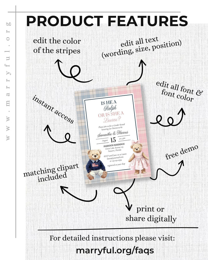 Polo Teddy Bear Gender Reveal invitation Template with Blue and Pink Tartan Plaid Vintage Classic Baby Party Luxury Polo Bear Theme #068rl - TheLovebirdsDesign
